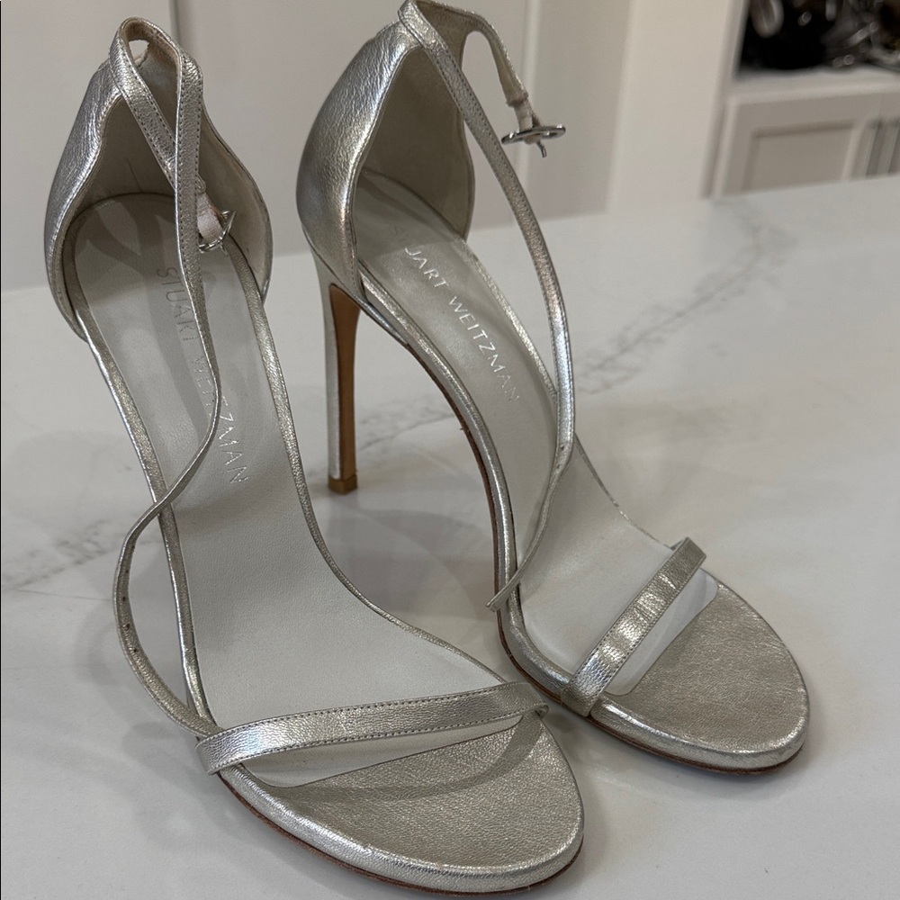 Stuart Weitzman Metallic Silver Strappy High-Heel Sandals